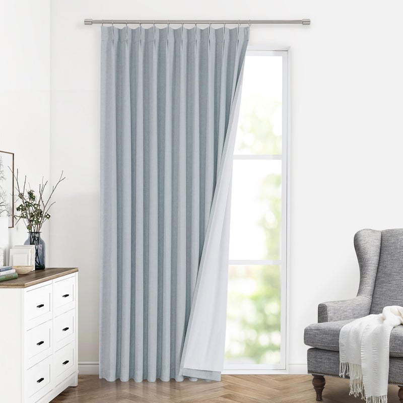 Vision Home Blue Fog Pinch مطوي ستائر التعتيم الكامل الكتان المخلوطة غرفة سواد نافذة الستائر 95 بوصة لغرفة المعيشة غرفة نوم الحرارية معزولة قرصة الطيات الستائر مع السنانير 1 لوحة 60 ""Wx95""L - Image 1